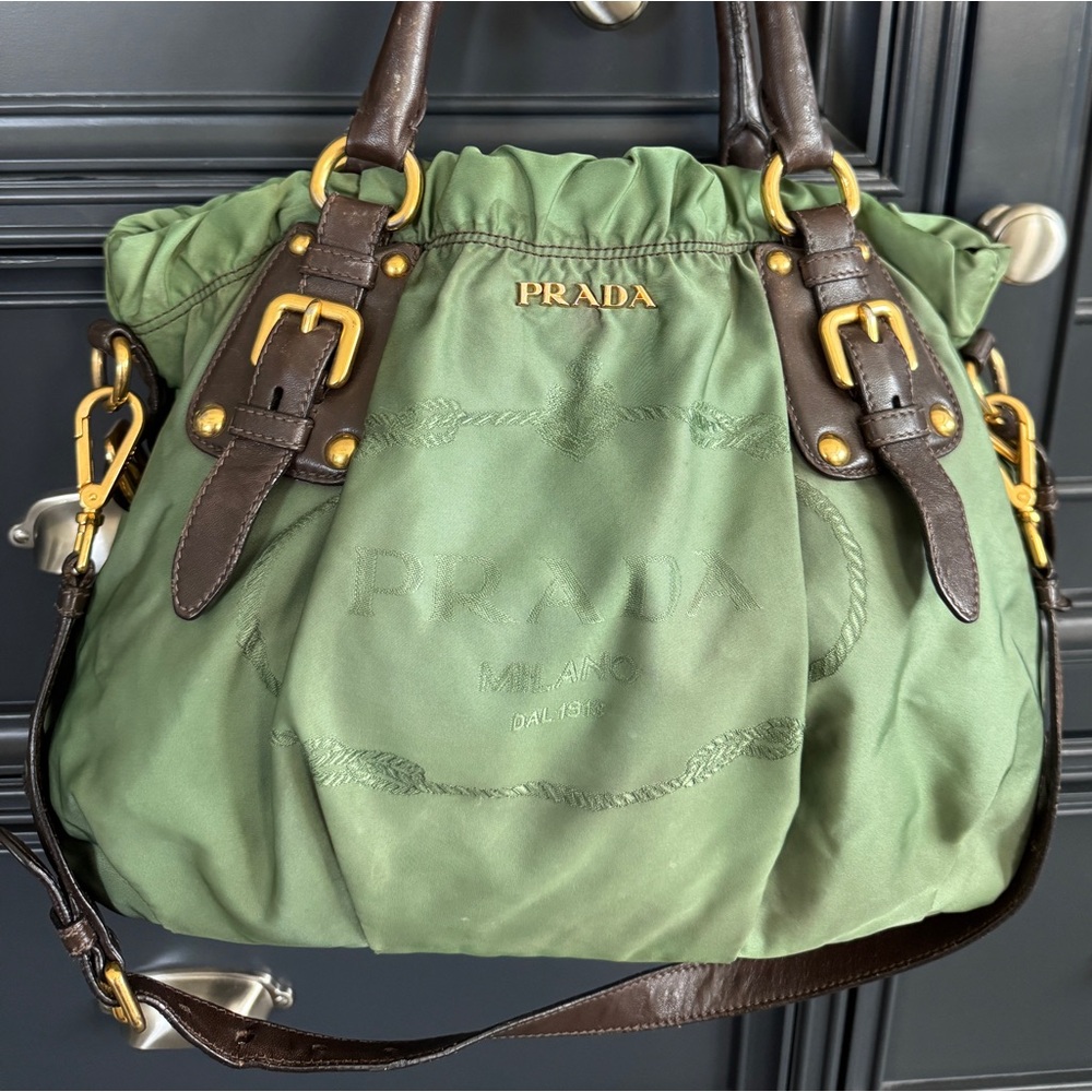 Prada Tessuto Green and Brown Nylon Shoulder Bag